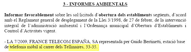 Acord de la Junta de Govern Local de l'Ajutament de Gav� que permetr� la instal�laci� d'una antena de FRANCE TELECOM (ORANGE) a Gav� Mar (27 de Setembre de 2011)